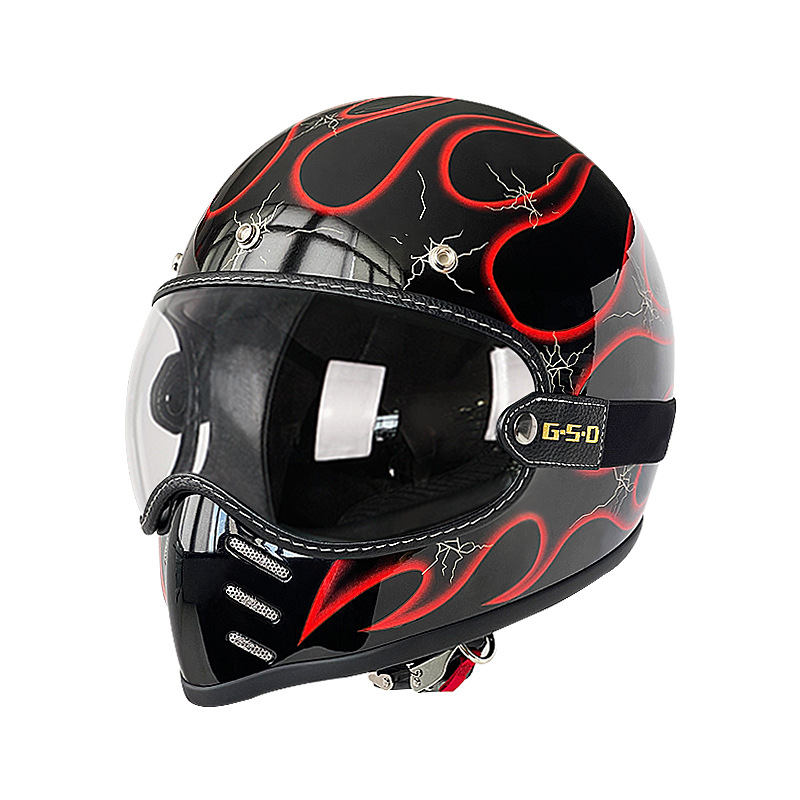 Fiberglass Retro Motorcycle, Motuoche Motosiklet kaskı (dəbilqə) - black-with-red-flames-transparent-visor-m55-56