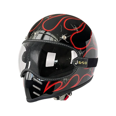 Helmet Full-Face Electric Motorcycle Helmet for, Motosiklet kaskı (dəbilqə) - red-flame-on-black-background-transparent-mirror-m55-56