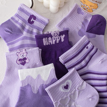 紫色袜子女春夏季浅口ins潮可爱立体小熊日系薄款百搭透气短袜