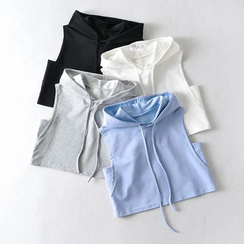 Hooded Drawstring Fitness Clothes Women's Casual Loose Sports Dance Running t Vests Sleeveless Sweatshirt Hip Hop Short T-shirt