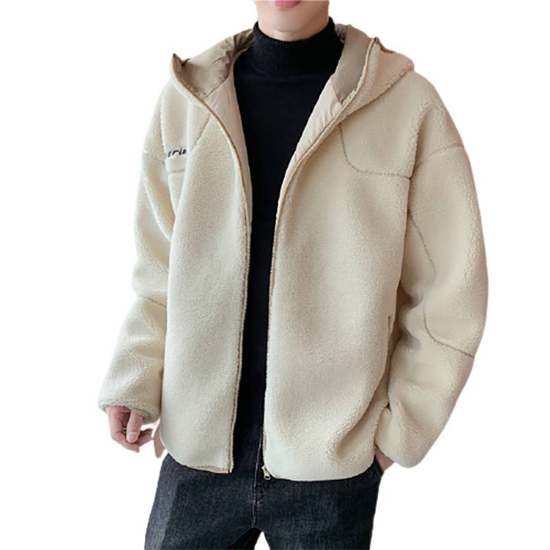 Giacca unisex foderata in pile – Cappotto invernale in sherpa con collo alto e tasche con cerniera (M-5XL, nero/crema)_voghion.com