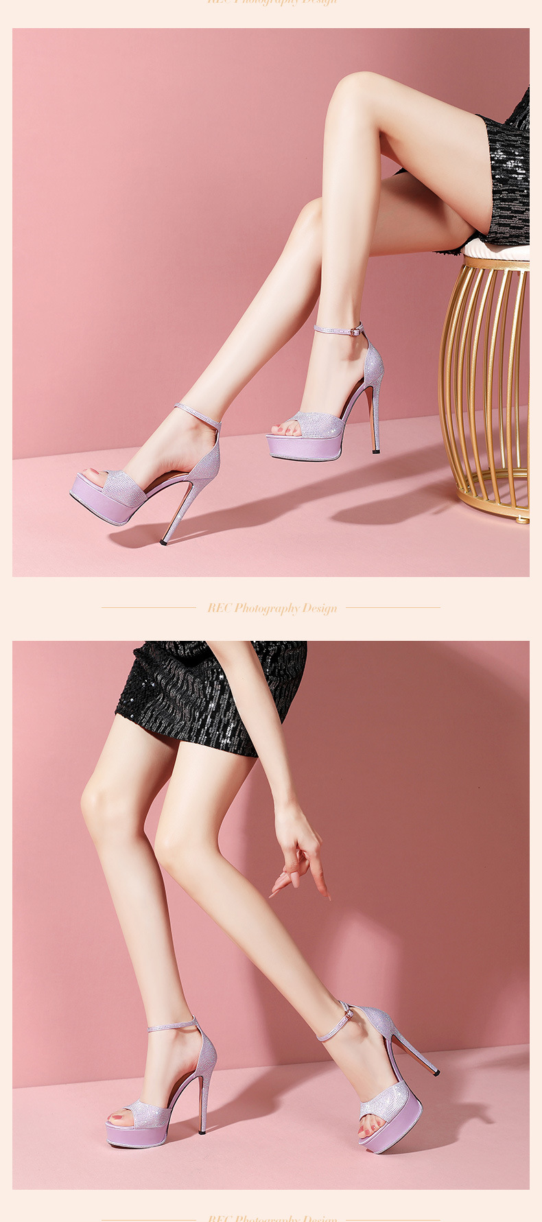 Sandal cao gót nữ da thật một dây đính đá, mũi nhọn hở mũi, gót 10 cm — Màu tím (Chiều cao gót 10 cm) chi tiết 11