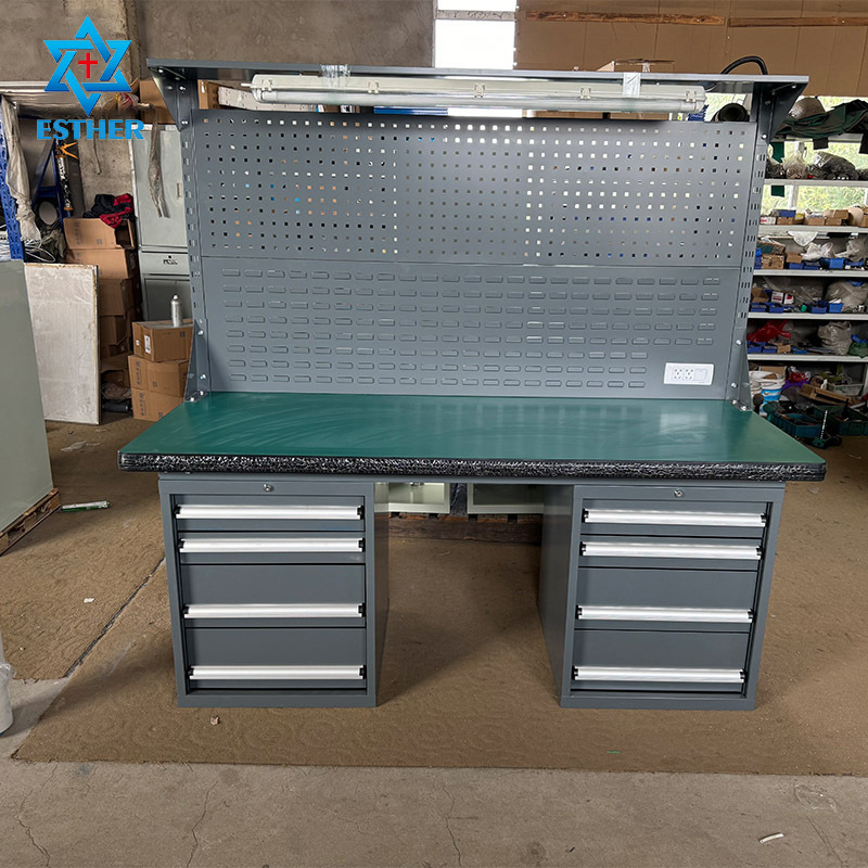 定制重型不锈钢钳工工作台 车间带挂板带灯防静电维修装配操作台