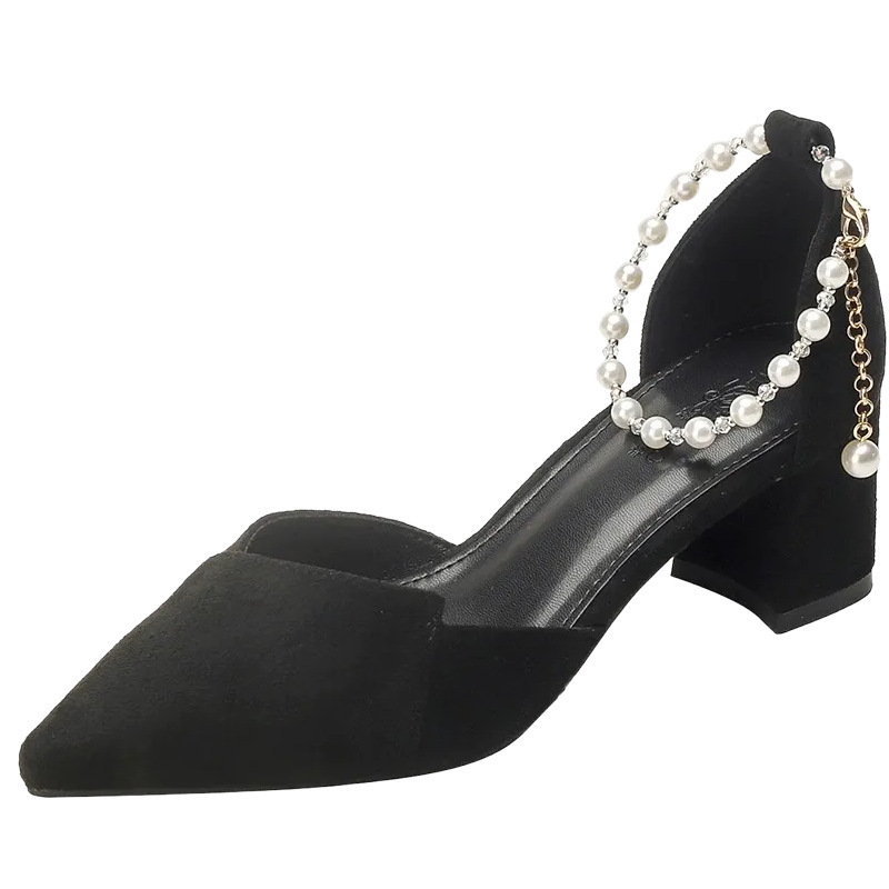 Tacones altos para mujeres 2026 nuevos tacones de hadas de viento medio tacones gruesos chicas de viaje agudos franceses zapatos de perlas individuales para mujeres