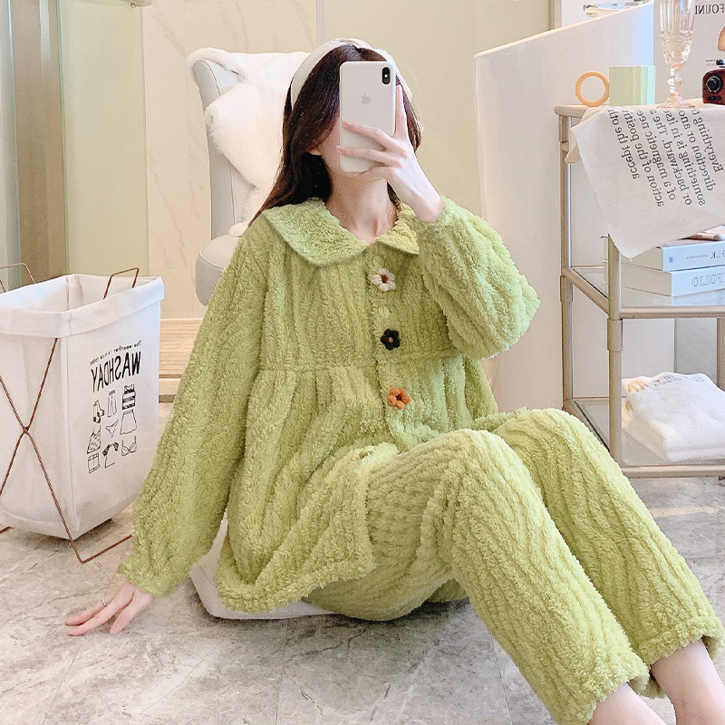 Autumn and Winter Thickened Coral Fleece Maternity Pajamas Set, Solid Color Wool Small Floral Doll Collar Maternity Warm Postpartum Clothing for Women