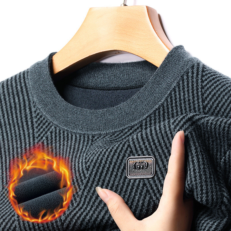Winter solid color warm knitted sweater with a round collar