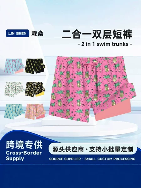 Cross-Border Non-Elastic European and American Men's Fashionable Outer Wear 3D Printed Pattern Double-Layer Quick-Drying Beach Shorts in Stock