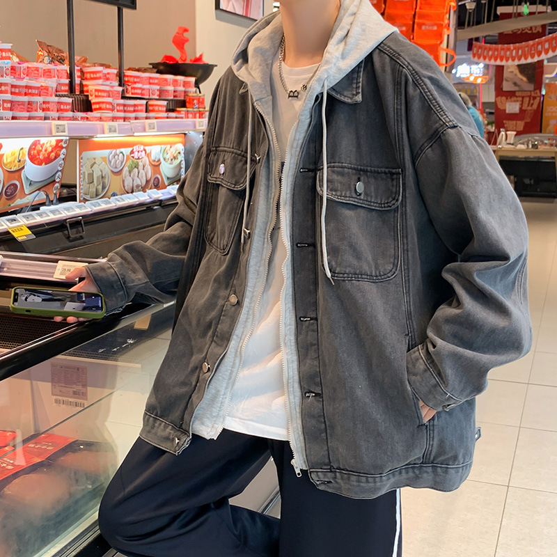 Primavera y otoño Denim abrigo de los hombres de estilo coreano de moda cremallera con capucha superior japonés estilo de Hong Kong moda falsa chaqueta con capucha de dos piezas