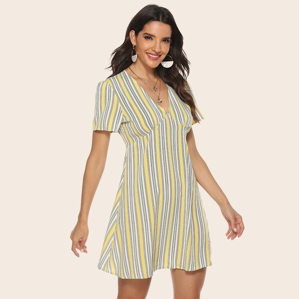 Summer Lemon Yellow Striped Sexy Women Dress V-neck Vitality Sweet Short Sleeve Dress