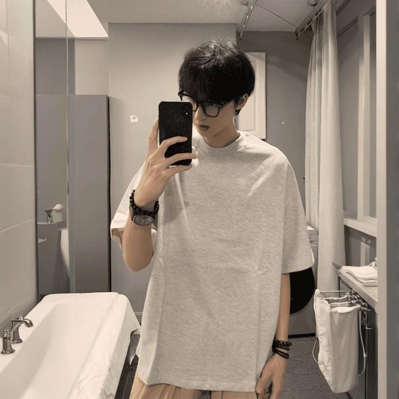 小领口纯色短袖男夏季cleanfit黑色t恤潮牌重磅美式纯棉打底衫男|undefined