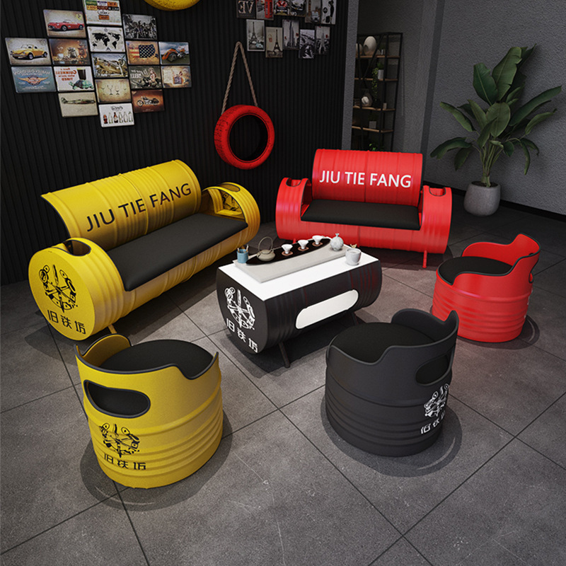 Commercial Creative Oil Drum Sofa Booth, Bar, Ktv, Milk Tea Shop, Leisure Industrial Style Iron Art Table and Chair Coffee Table Set