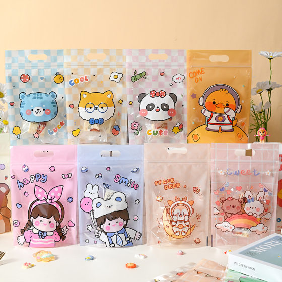 Cute Cartoon Self-sealing Bag Biscuit Snowflake Crisp Packaging Bag Food Self-standing Bag Candy Bag Zipper Sealing Bag