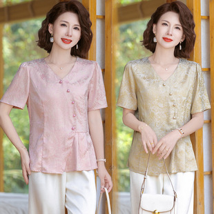 Mother's Summer Dress National Style Short-sleeved Shirt 2025 New Middle-aged and Elderly Women's Dress Western Style Age-reducing New Chinese Style Shirt