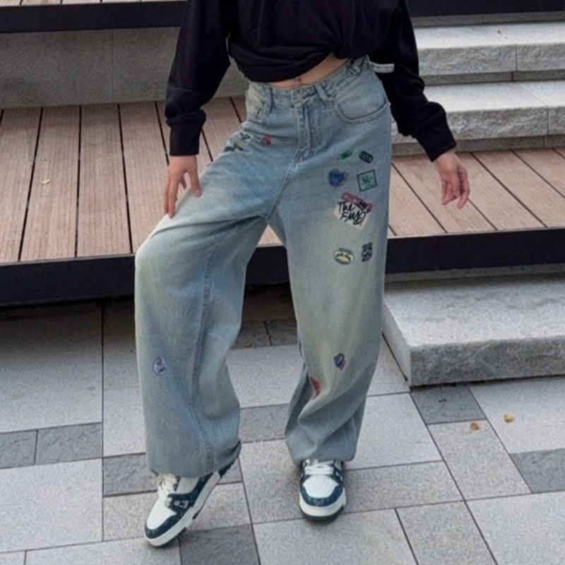 衣斯顿美式阔腿宽松标签拼色牛仔裤男潮牌设计感小众裤子男女同款|undefined