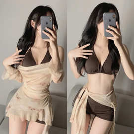 咖色分体泳衣女长袖罩衫纯欲风性感显瘦海边度假泳装套装