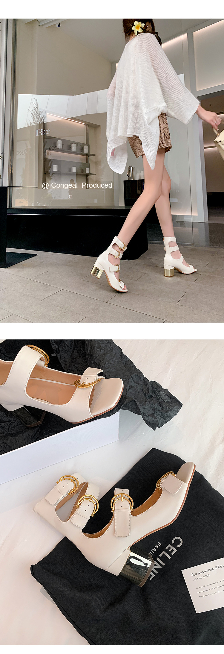 Giày sandal cao gót nữ thiết kế khóa thắt lưng, mũi hở, gót vuông 9 cm — Màu đen, Màu trắng be, Màu bạc chi tiết 18