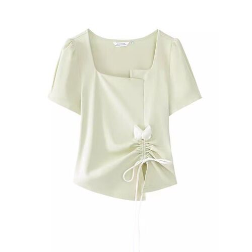 Dopamine-designed 3D floral drawstring pleated short-sleeve T-shirt top for women - summer sweet, versatile, and gentle style