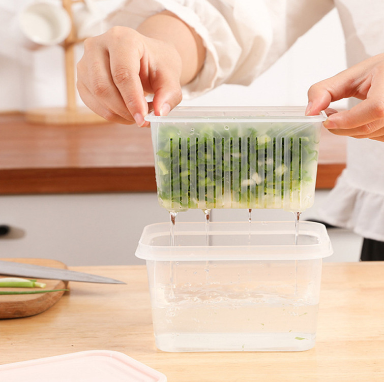 Double-layer Draining Fresh-keeping Box for Scallion Refrigerator Storage Box Household Kitchen Vegetable and Fruit Draining Basket