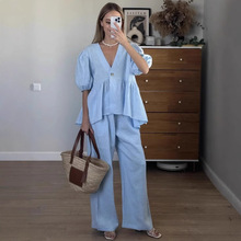 欧美跨境2025春夏新款甜美纯色套装纯棉v领上衣泡泡短袖长裤2件套