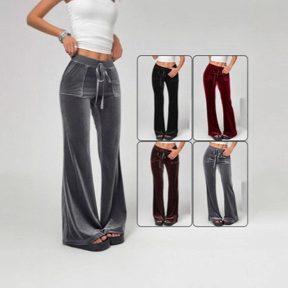 2025 Autumn and Winter Cross-Border European and American Women's Fashion Flared Pants, Slimming Casual Bell-Bottom Pants, Velvet Drape Long Pants
