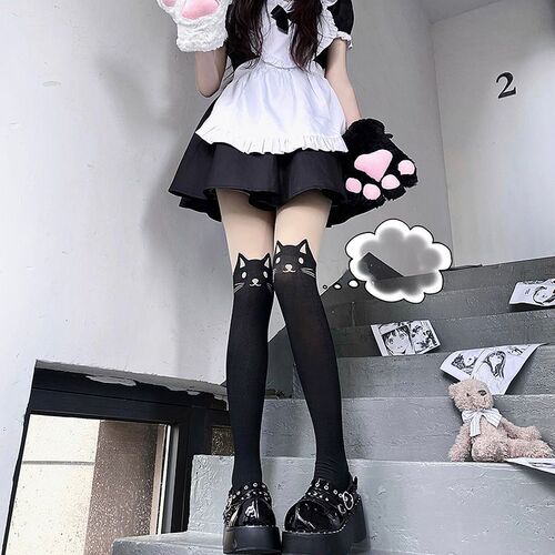 Japanese cat with tail jacquard splicing fake thighs fake high knee socks pantyhose stockings long term
