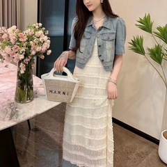 牛仔外套蛋糕裙套装女2025夏季新款韩版短袖气质百搭吊带裙两件套