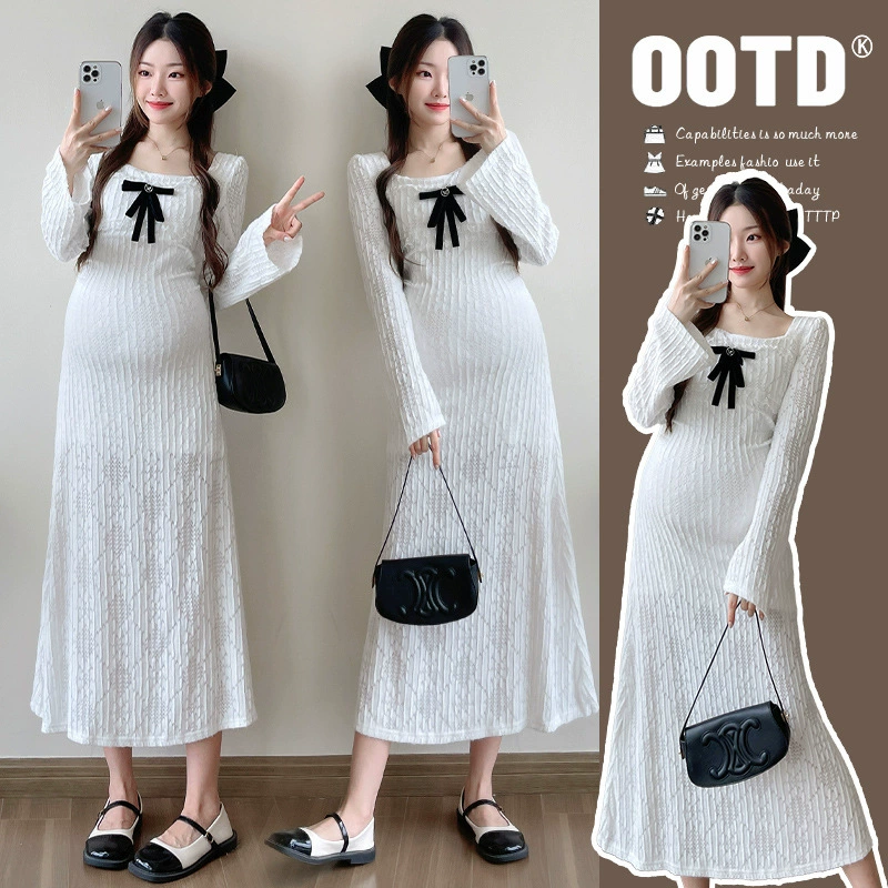 Одежда для беременных осень французское высокое чувство кружева белое платье с длинными рукавами женское нежный стиль темперамент тонкое платье для беременных