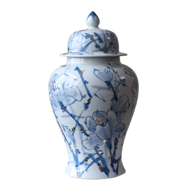 新しい中国風のセラミック花瓶、書斎の棚の装飾品、水耕栽培の青と白の磁器の将軍の瓶の装飾品、モデルルームの装飾|undefined