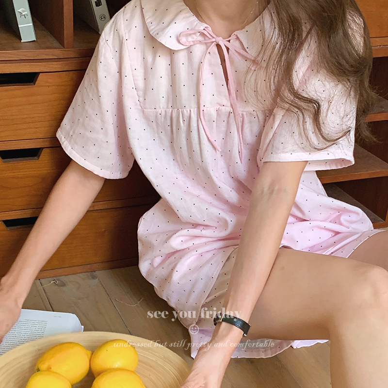 High-density double-layer cotton yarn soft retro girl powder wave dot strap doll collar Korean 2024 summer short-sleeved pajamas