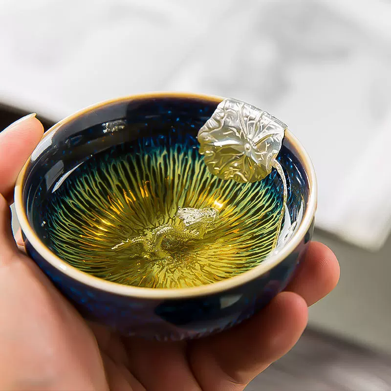 金丝天目釉建盏茶杯兔毫盏镶银主人杯窑变单杯十二生肖银杯