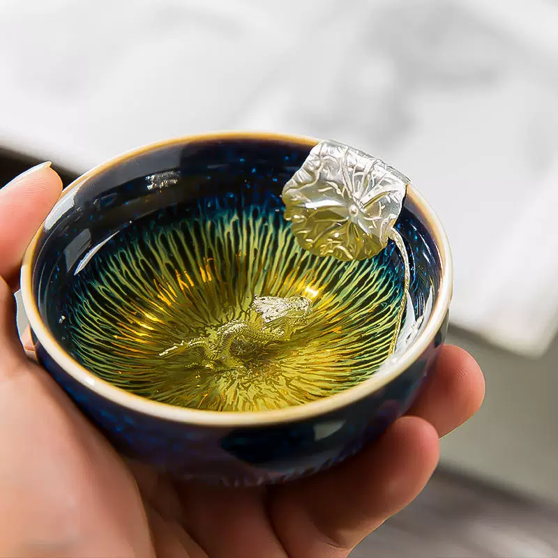 金丝天目釉建盏茶杯兔毫盏镶银主人杯窑变单杯十二生肖银杯