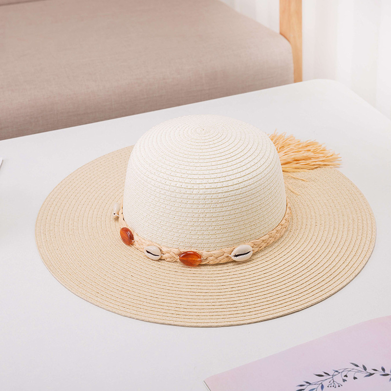 French Retro Gemstone Chain Flat Top Straw Hat Elegant Straw Weave Sunshade Sun Protection Wide Brim Hat Elegant Formal Hat for Women Spring Autumn