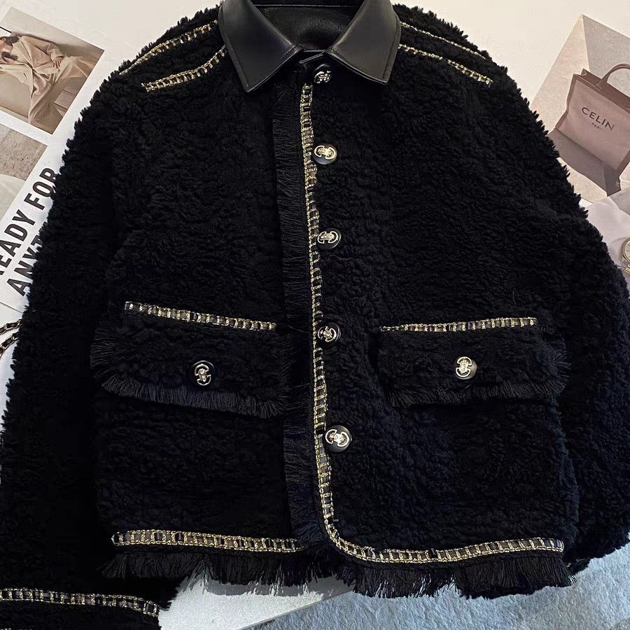 小香风皮毛一体羊羔毛棉衣外套女秋冬新款加厚流苏设计感夹克领潮