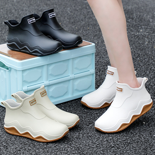 Japanese-style fashionable rain shoes for women, work kitchen water shoes with thermal lining for warmth, rain boots for men, waterproof, anti-slip, wear-resistant rubber shoes, cross-border
