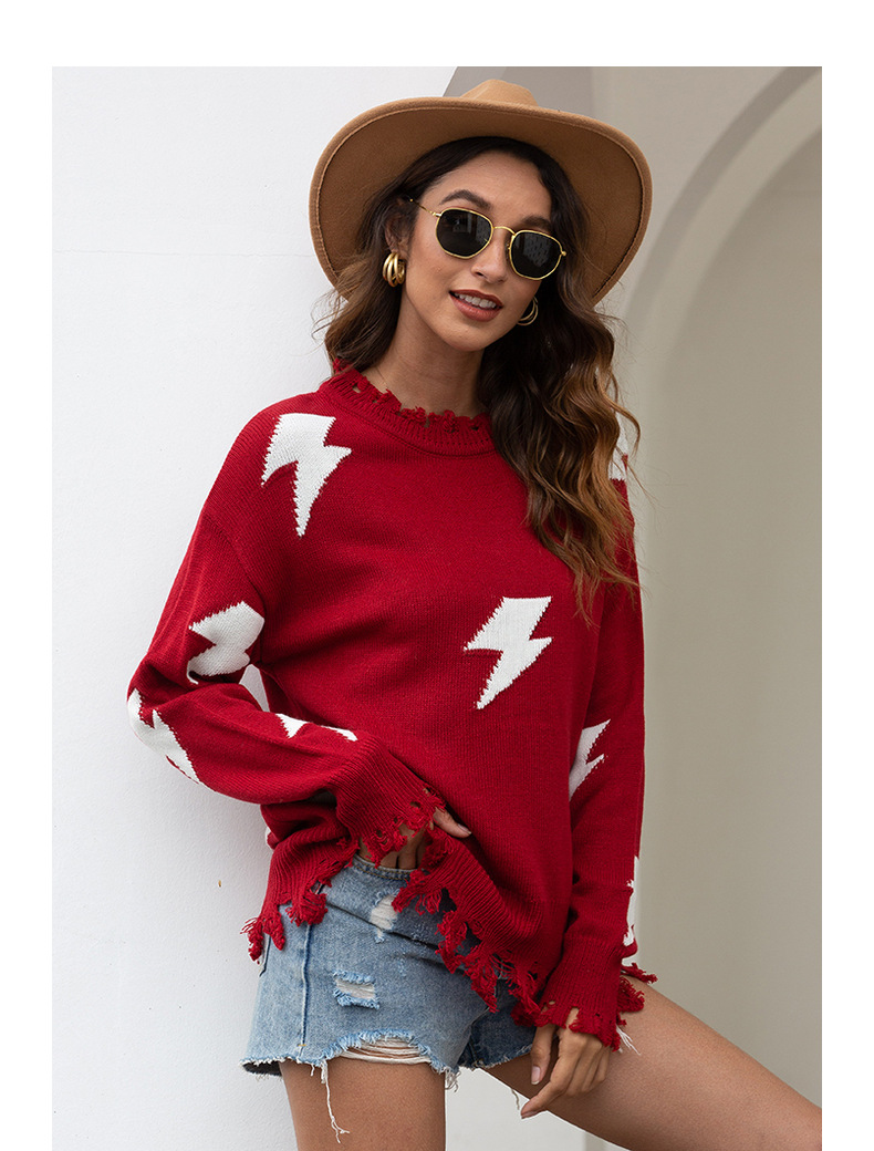 lightning printed hole tassel pullover sweater nihaostyles clothing wholesale NSMMY84062