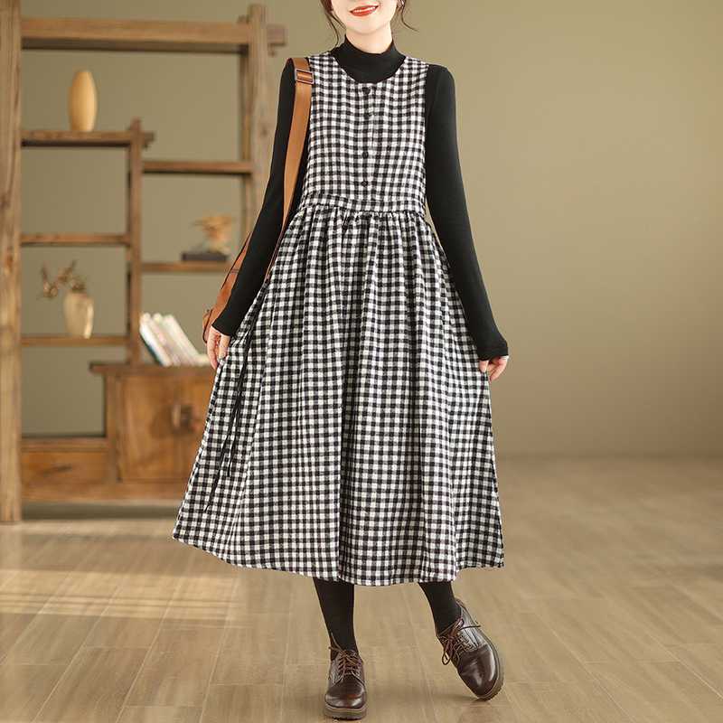 实拍文艺复古黑白格子背带裙女2024春季新款收腰系带毛呢连衣裙