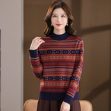 年轻款时尚条纹针织衫洋气半高领毛衣秋冬新款打底衫电脑提花毛衣，女装针织衫/毛衣，妃慕昵服饰