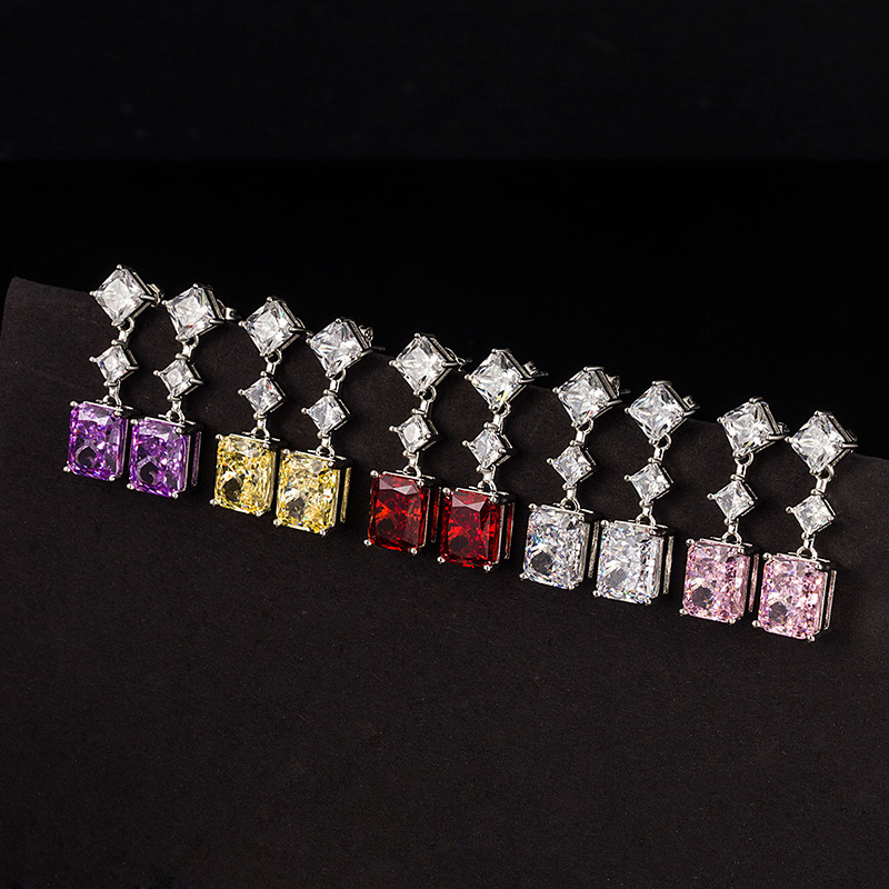 European and American jewelry ladies earrings accessories inlaid with high carbon diamond color treasure jewelry square ice flower cut earrings a generation of hair