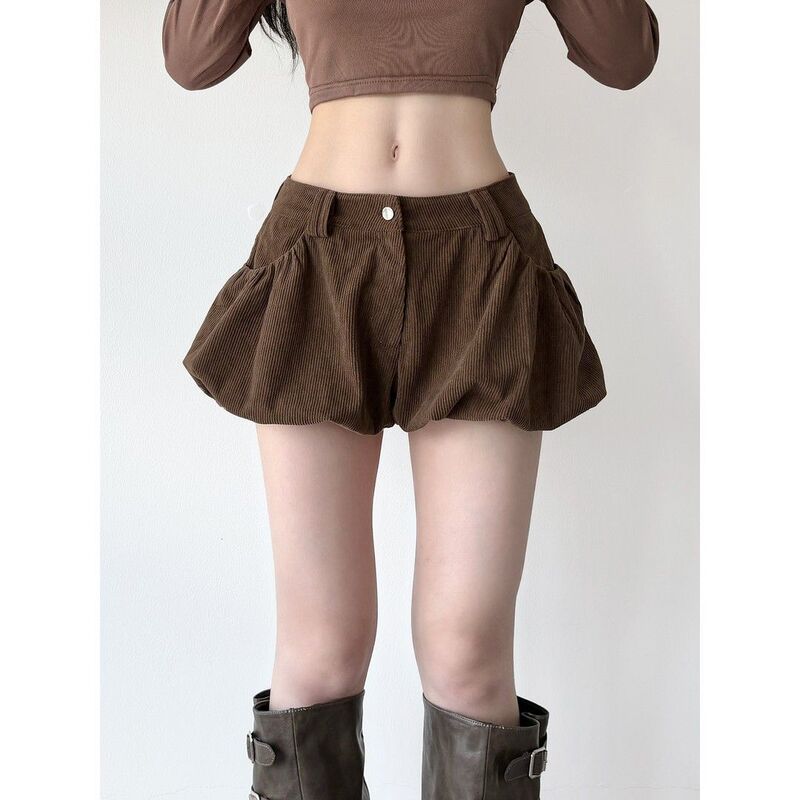 American Retro-Style Low-Waist Buttoned Brown Floral Shorts for Women, New Autumn and Winter Street Style Versatile Loose Casual Pants