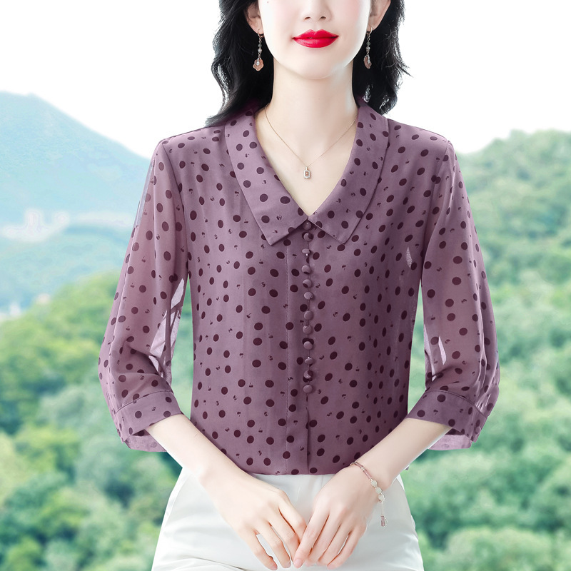 Brand Silk Summer Blouse for Middle-Aged Moms, Three-Quarter Sleeve, Fashionable and Elegant Top, Loose Plus-Size Women's Shirt Brand Silk Summer Blouse for Middle-Aged Moms, Three-Quarter Sleeve, Fashionable and Elegant Top, Loose Plus-Size Women's Shirt