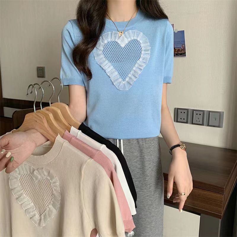 Knitted summer short fresh cute lace design sweater