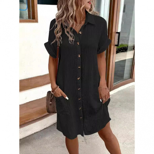 2025 Amazon European and American Cross-border Leisure Solid Color One-Button Mid-length Short-sleeve Loose Leisure Dress for Women