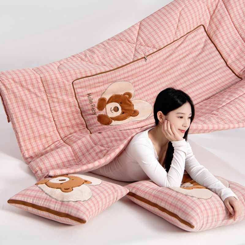 纯棉色织抱枕被办公室午休毯全棉刺绣两用二合一抱枕被子车载靠枕