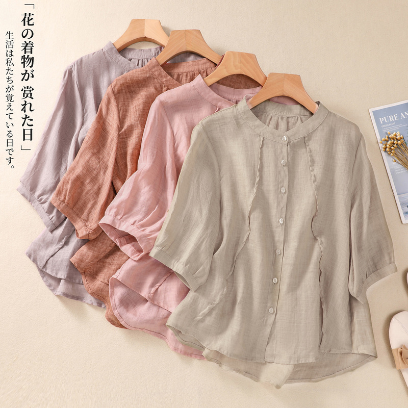 Summer 2024 New Solid Color Round Neck Cotton and Linen Shirt Women's Seven-point Sleeve Sunscreen Literary Style Casual Linen Cardigan Top