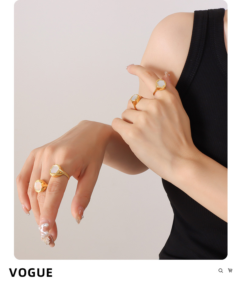 Fashion Geometric Cute Womenu0027s Gold-Plated White Sea Shell Inlaid Round Ring Hand Jewelry