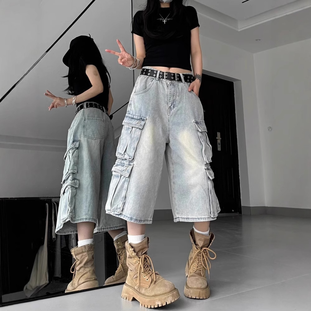 Multi-Pocket Cargo Denim Shorts for Men, Summer Thin Loose Straight Cropped American High Street Pants, Trendy Brand, Stylish