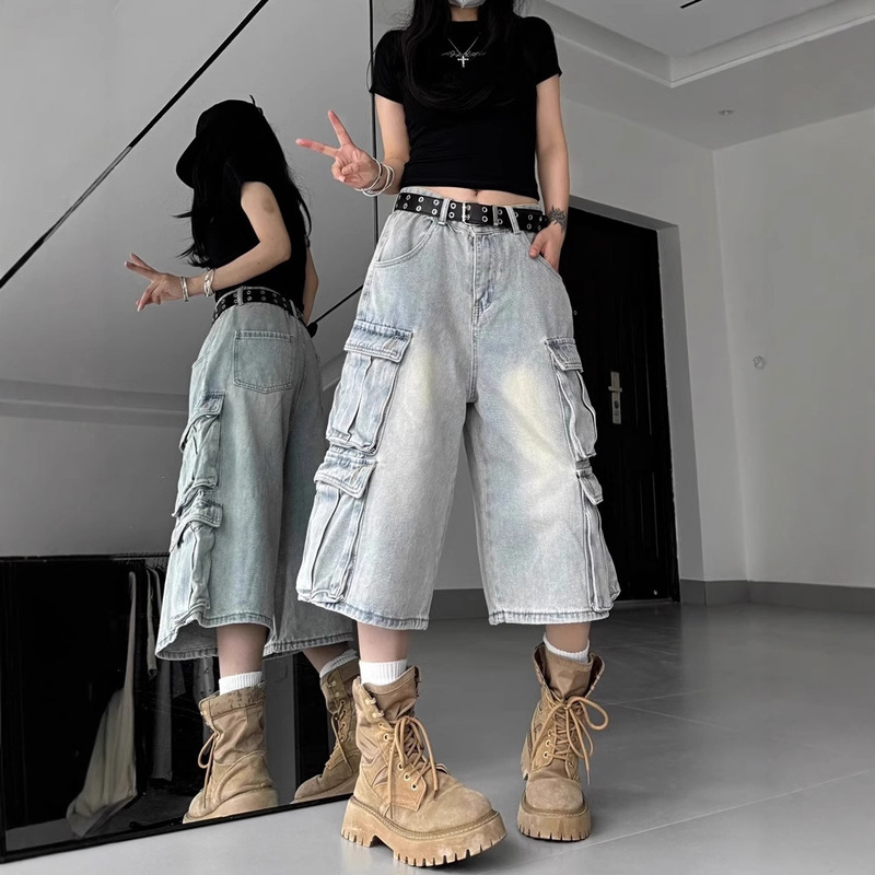 Multi-Pocket Cargo Denim Shorts for Men, Summer Thin Loose Straight Cropped American High Street Pants, Trendy Brand, Stylish