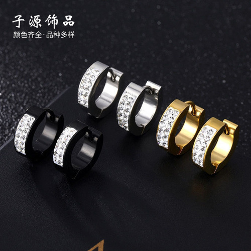 Korean-style fashionable titanium steel round diamond-zirconia ear earrings for men and women, stainless steel mud drill ear hooks, direct factory sales