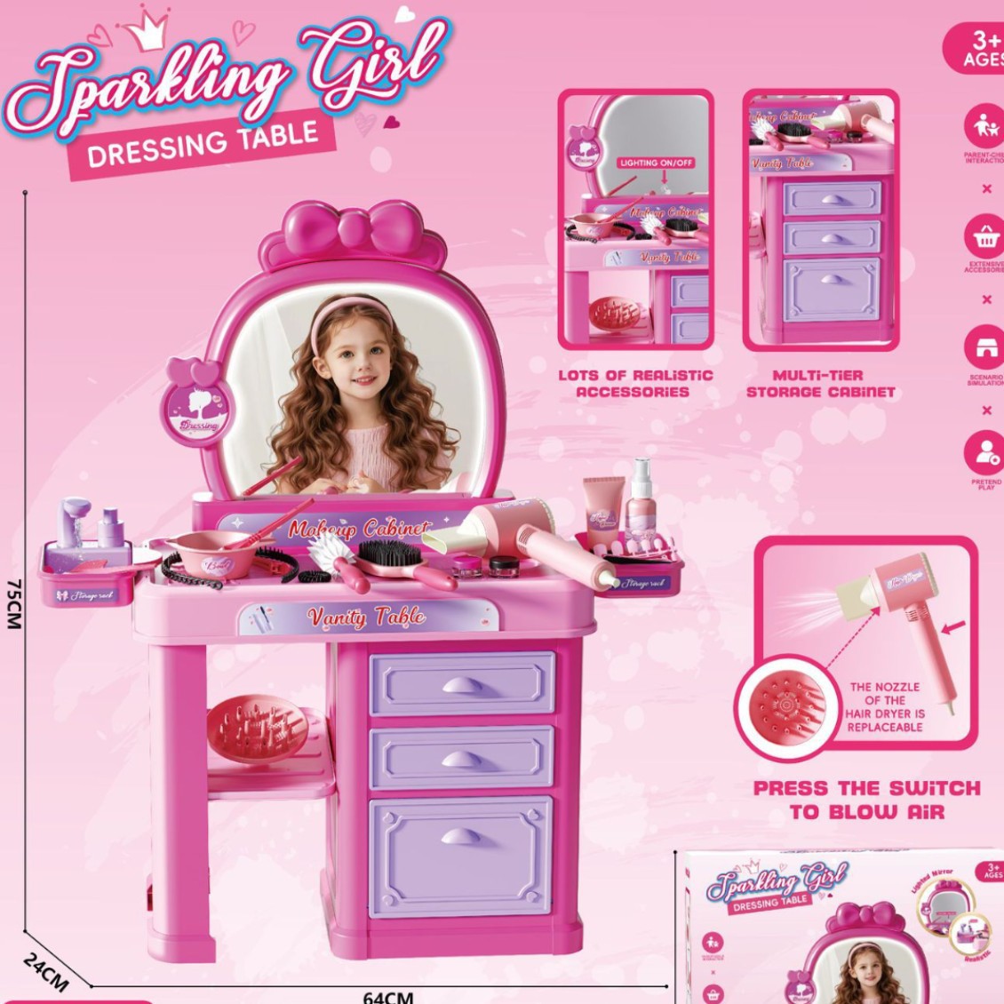 Comercio exterior infantil simulación de luces, música, princesa, joyas de maquillaje, tocador, secador de pelo, juguetes de mesa de maquillaje