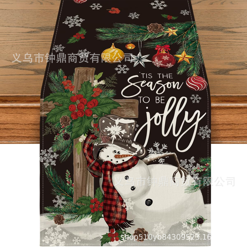 亚马逊爆款圣诞节桌旗雪人雪花图案亚麻材质冬季圣诞节装饰桌布|undefined
